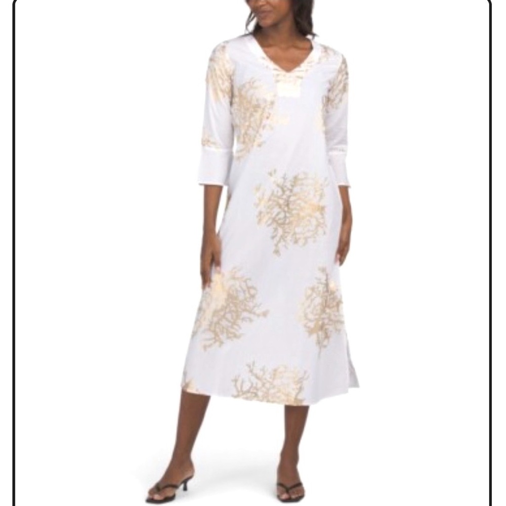 NWT Debbie Katz Coral South Beach cover up maxi dress white with gold, Medium